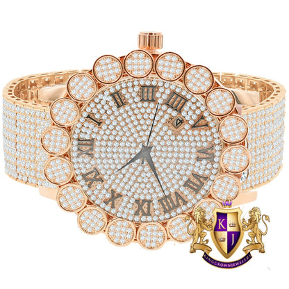 Roman Face 18K Rose Gold Finish  Micro Pave Cluster Flower Bezel Full Iced Out 10 Row Band Genuine Dial Diamond Analog Custom Watch W/Date