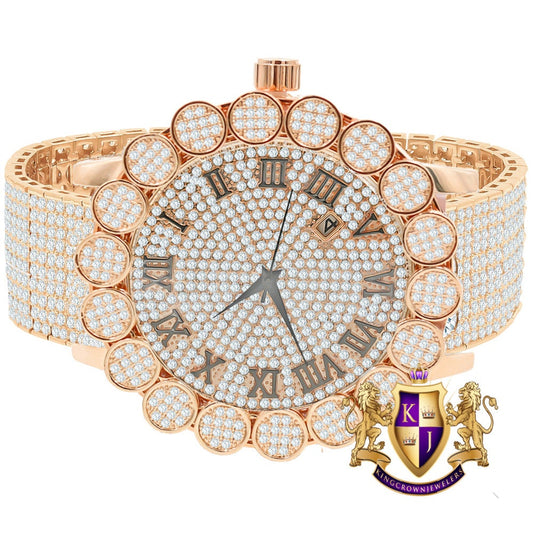 Roman Face 18K Rose Gold Finish  Micro Pave Cluster Flower Bezel Full Iced Out 10 Row Band Genuine Dial Diamond Analog Custom Watch W/Date