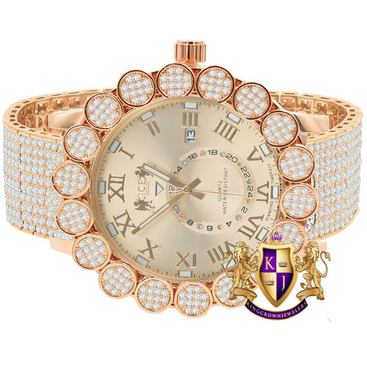 Roman Face Micro Pave Cluster Flower Bezel Full Iced 10 Row Band Genuine Dial Diamond Men's 18K Rose Gold Finish Analog Custom Watch W/Date