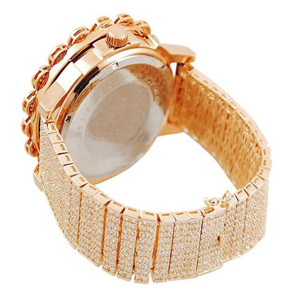 Roman Face Micro Pave Cluster Flower Bezel Full Iced 10 Row Band Genuine Dial Diamond Men's 18K Rose Gold Finish Analog Custom Watch W/Date