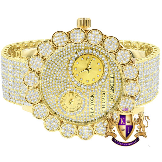 2 Time Zone Chronograph Pave Cluster Flower Bezel Full Iced 10 Row Band Genuine Dial Diamond Men's 18K Yellow Gold Tone Custom Watch W/Date