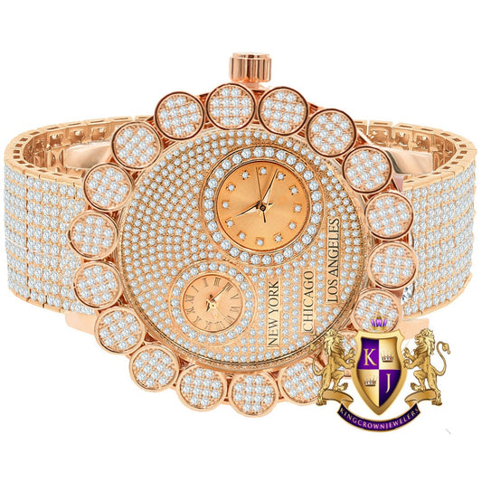 2 Time Zone Chronograph Pave Cluster Flower Bezel Full Iced 10 Row Band Genuine Dial Diamond Men's 18K Rose Gold Finish Custom Watch W/Date