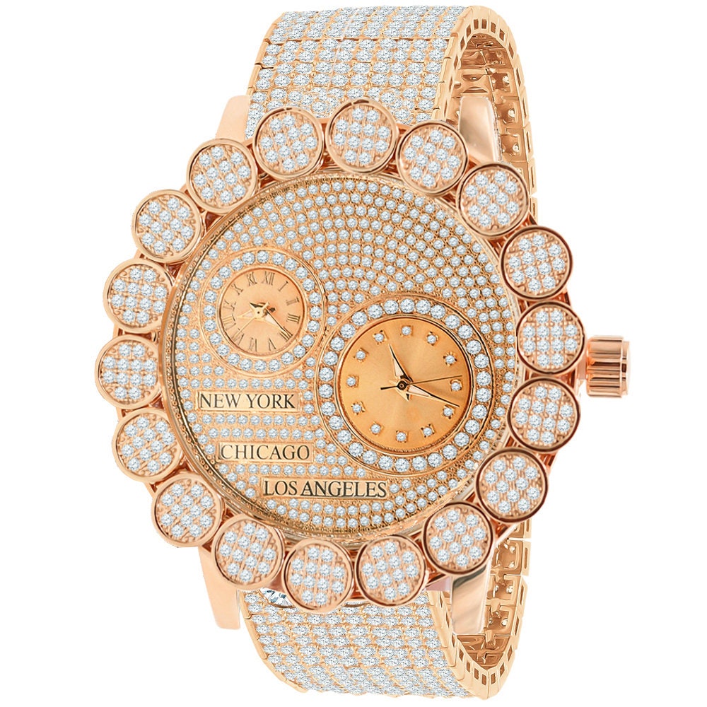 2 Time Zone Chronograph Pave Cluster Flower Bezel Full Iced 10 Row Band Genuine Dial Diamond Men's 18K Rose Gold Finish Custom Watch W/Date