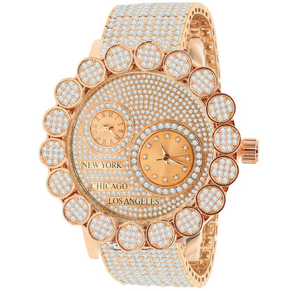 2 Time Zone Chronograph Pave Cluster Flower Bezel Full Iced 10 Row Band Genuine Dial Diamond Men's 18K Rose Gold Finish Custom Watch W/Date