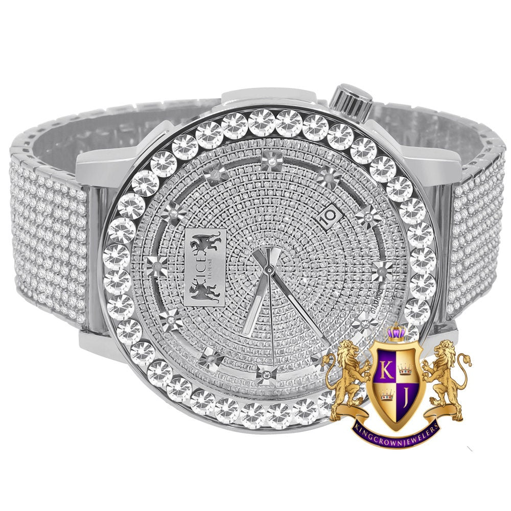 Men's Channel Set Solitaire 18K White Gold Finish Simulated Diamond 5 ATM Water Resistant Solid Steel Back Custom Luxury Watch W/Date 55mm