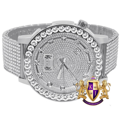 Men's Channel Set Solitaire 18K White Gold Finish Simulated Diamond 5 ATM Water Resistant Solid Steel Back Custom Luxury Watch W/Date 55mm