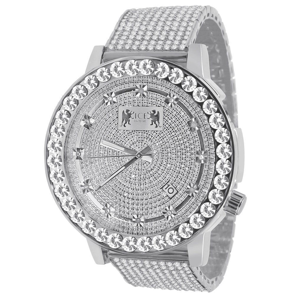 Men's Channel Set Solitaire 18K White Gold Finish Simulated Diamond 5 ATM Water Resistant Solid Steel Back Custom Luxury Watch W/Date 55mm