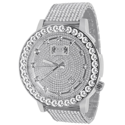 Men's Channel Set Solitaire 18K White Gold Finish Simulated Diamond 5 ATM Water Resistant Solid Steel Back Custom Luxury Watch W/Date 55mm
