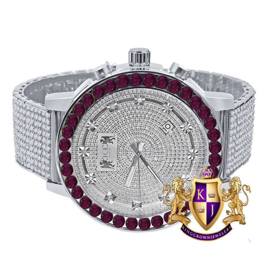 Men's Channel Set Ruby Red Dial 18K White Gold Simulated Diamond 5 ATM Water Resistant 10 Row Iced Band Custom Luxury Watch W/Date 55mm