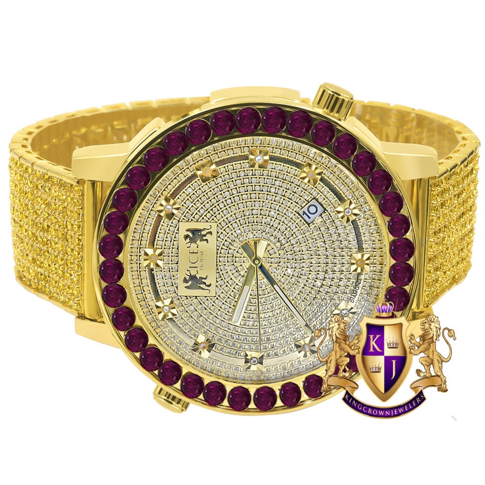 Men's Channel Set Solitaire Canary Citrine Ruby Red Dial 18K Gold Tone Simulated Diamond 5 ATM Water Resistant 10 Row Icy Band Custom Watch