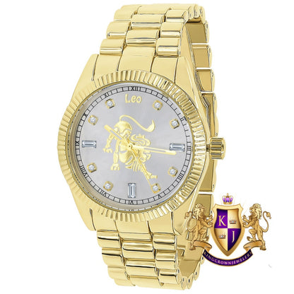 14K Gold Finish Zodiac Sign Leo Lion King Astrology Horoscope 5 ATM Water Resistant Metal Band Presidential Unisex Custom Watch 40mm