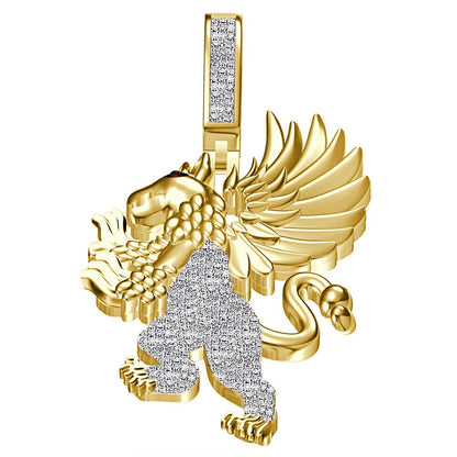 Real Genuine Authentic Diamond 0.65 Cwt. 24+ Grams Winged Griffin Lion Pagan Welsh Dragon Gryphon Greek Pendant 10K Gold On Charm Chain Set