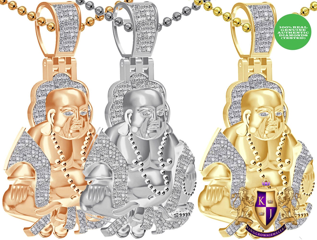 Real Genuine Authentic Diamond 0.61 Cwt. 27+ Grams Lord Gautama Buddha Buddhist Meditation Pendent 10K Gold Over Religious Charm + Chain 2''