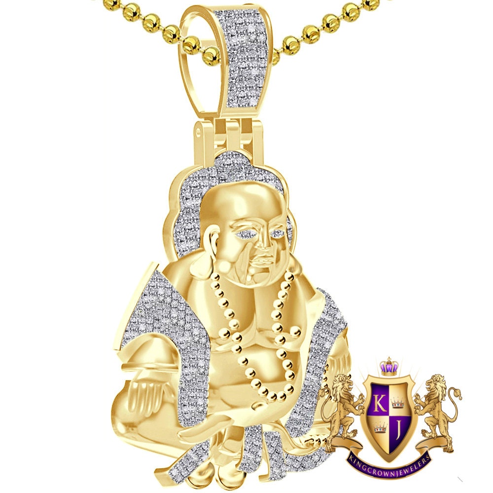 Real Genuine Authentic Diamond 0.61 Cwt. 27+ Grams Lord Gautama Buddha Buddhist Meditation Pendent 10K Gold Over Religious Charm + Chain 2''