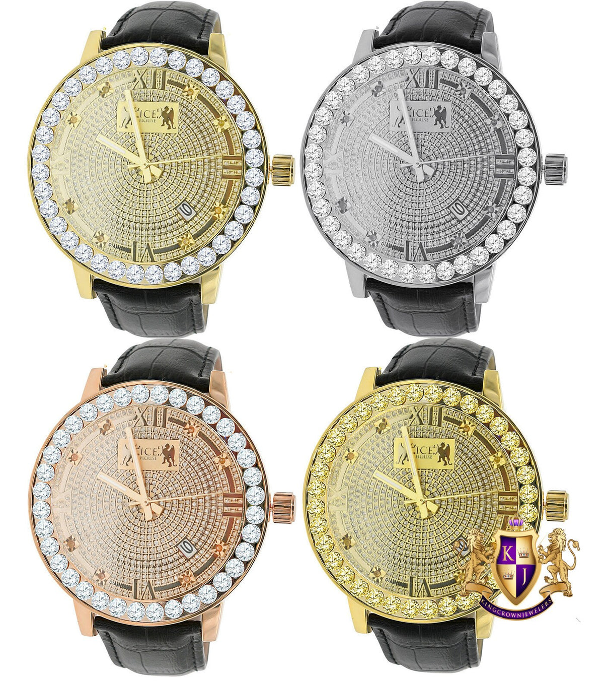 Roman Numeral Face Real Diamond Dial Men's Channel Set Solitaire Bezel Solid Steel Back  18K Gold Finish Genuine Leather Band Watch Big 55mm