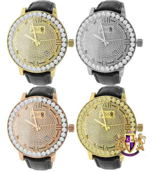 Roman Numeral Face Real Diamond Dial Men's Channel Set Solitaire Bezel Solid Steel Back  18K Gold Finish Genuine Leather Band Watch Big 55mm