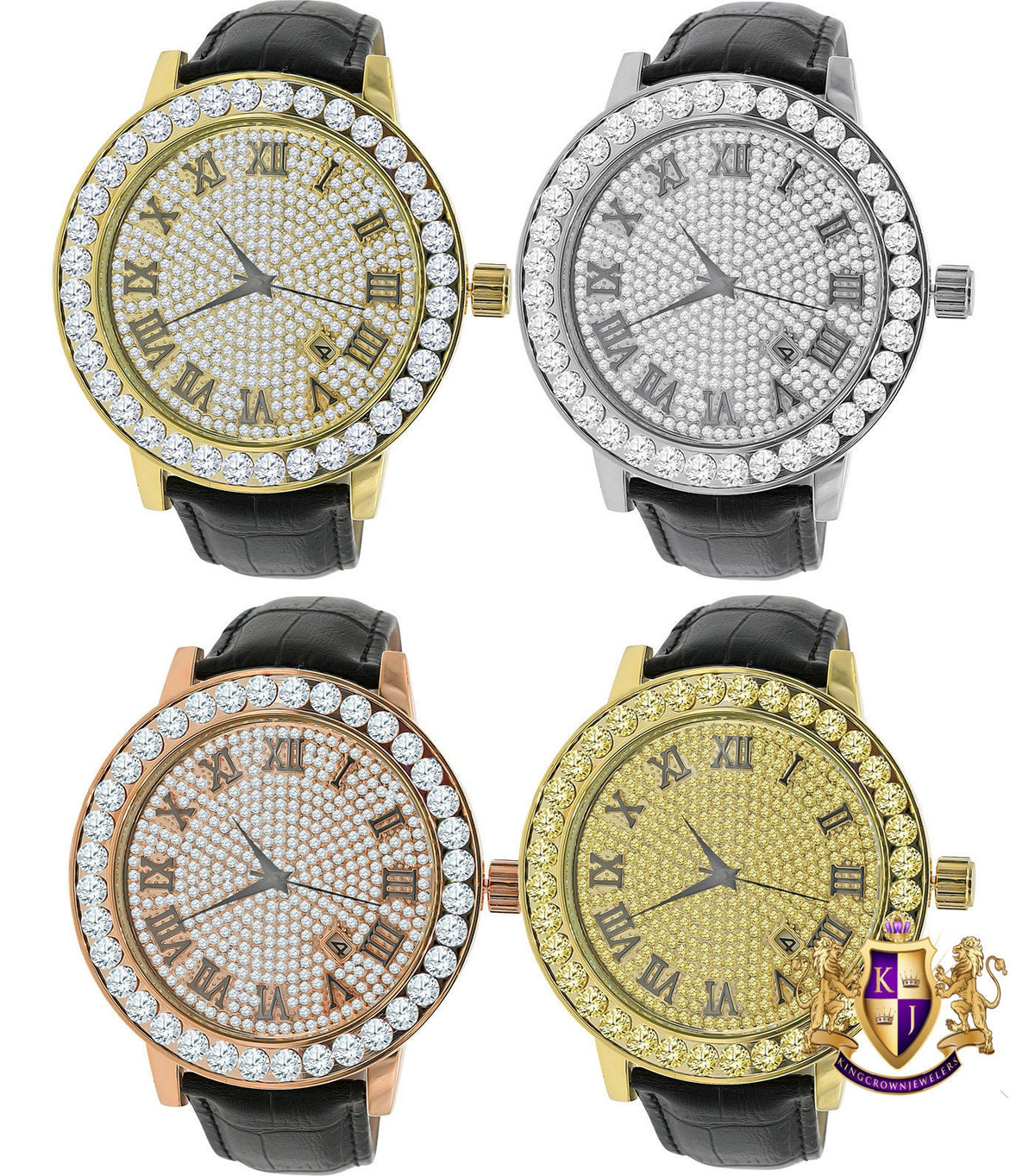 Roman Numeral Face Men's Channel Set Solitaire Bezel Simulated Diamond Solid Steel Back 18K Gold Finish Genuine Leather Band Watch Big 55mm