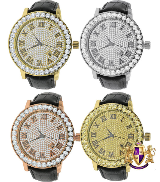 Roman Numeral Face Men's Channel Set Solitaire Bezel Simulated Diamond Solid Steel Back 18K Gold Finish Genuine Leather Band Watch Big 55mm