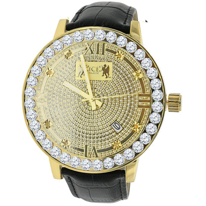 Roman Numeral Face Real Diamond Dial Men's Channel Set Solitaire Bezel Solid Steel Back  18K Gold Finish Genuine Leather Band Watch Big 55mm
