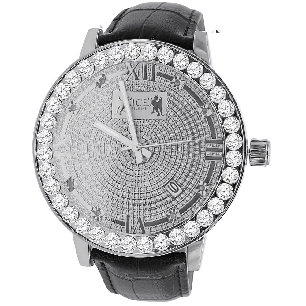 Roman Numeral Face Real Diamond Dial Men's Channel Set Solitaire Bezel Solid Steel Back  18K Gold Finish Genuine Leather Band Watch Big 55mm