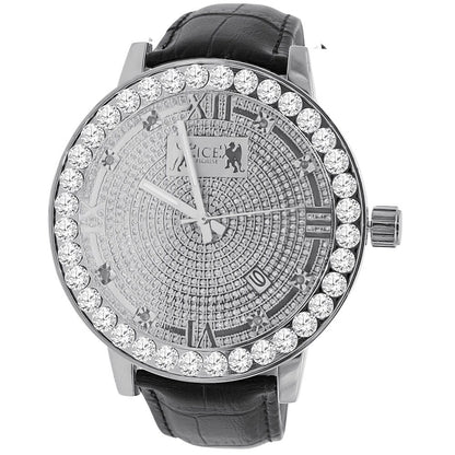 Roman Numeral Face Real Diamond Dial Men's Channel Set Solitaire Bezel Solid Steel Back  18K Gold Finish Genuine Leather Band Watch Big 55mm