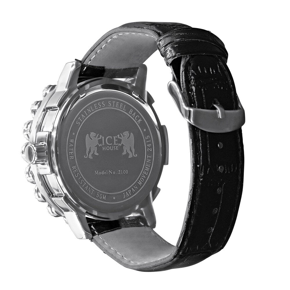 Roman Numeral Face Real Diamond Dial Men's Channel Set Solitaire Bezel Solid Steel Back  18K Gold Finish Genuine Leather Band Watch Big 55mm
