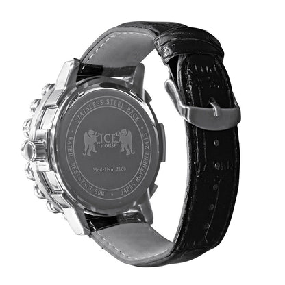 Roman Numeral Face Real Diamond Dial Men's Channel Set Solitaire Bezel Solid Steel Back  18K Gold Finish Genuine Leather Band Watch Big 55mm