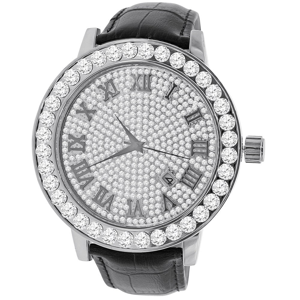 Roman Numeral Face Men's Channel Set Solitaire Bezel Simulated Diamond Solid Steel Back 18K Gold Finish Genuine Leather Band Watch Big 55mm