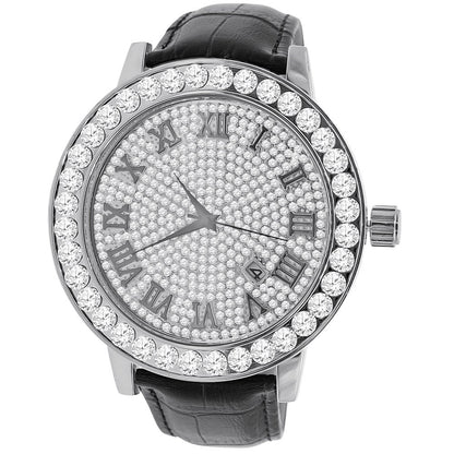 Roman Numeral Face Men's Channel Set Solitaire Bezel Simulated Diamond Solid Steel Back 18K Gold Finish Genuine Leather Band Watch Big 55mm