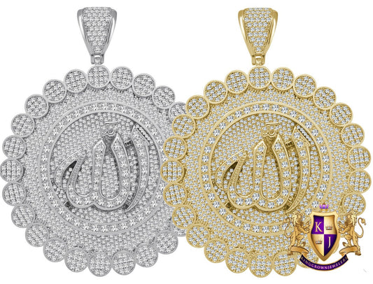 77+ Grams Big Jumbo 3.75'' 14K Gold Finish 6.00 Cwt. Simulated Diamond Allah God Muslim Islamic Arabic Flower Pendent Charm Round Medallion