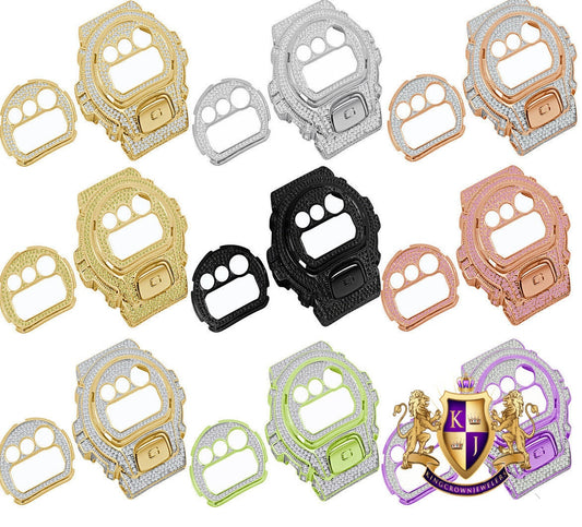 14K Gold Finish Face Plate + Bezel + G Button 3 Piece Combo Set G-Shock DW6900 4.50 Cwt. Simulated Diamond Watch Custom Insert Cover Case
