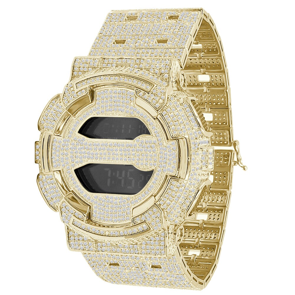 Men's Genuine Authentic Casio G Shock Series GD100 Terminator Custom Watch 20 Cwt. Simulated Diamond 18K Gold Finish Adjustable Size Band