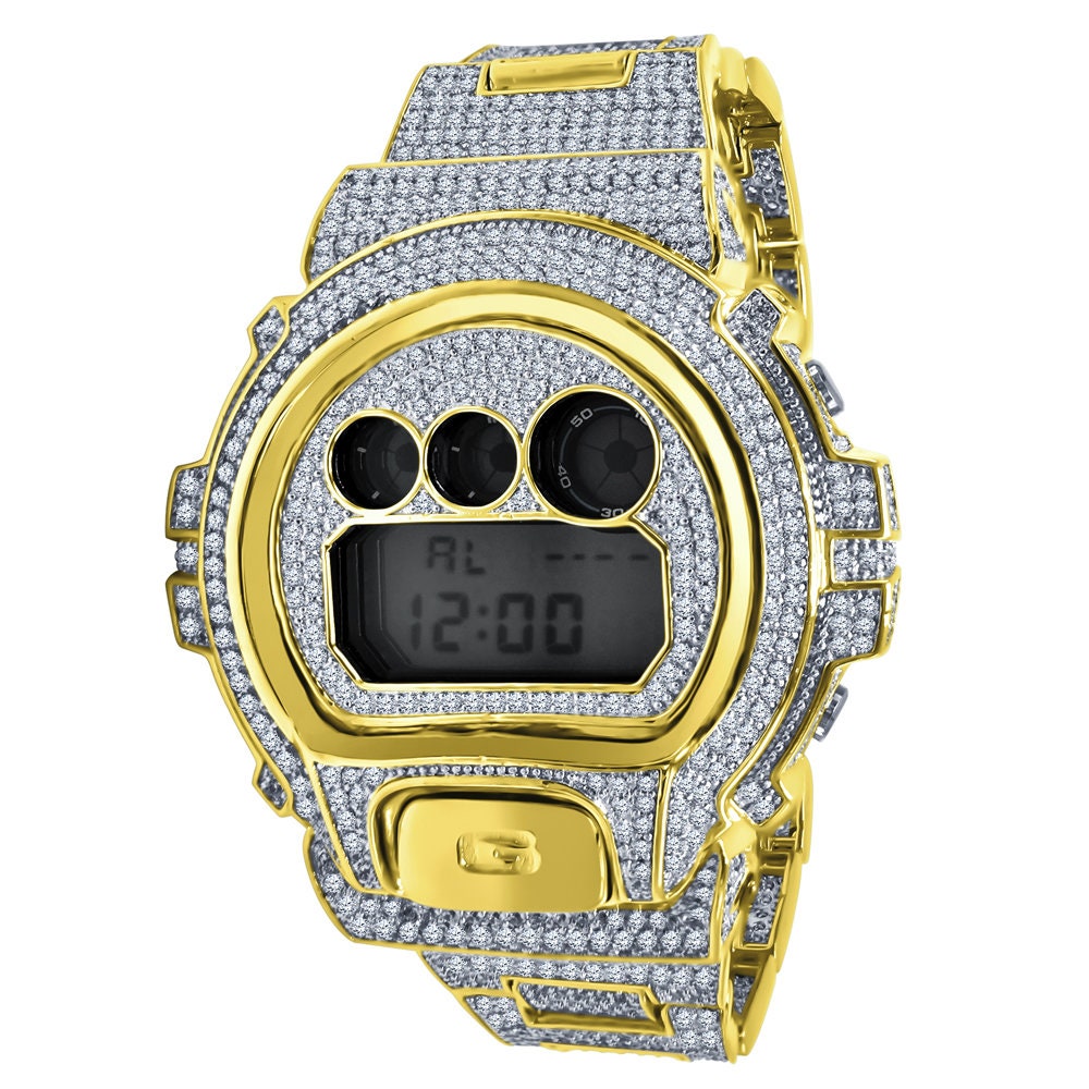 Men's Authentic Genuine Custom Casio G-Shock DW6900 Digital Watch Water Resistant Fully Iced Out 10 Cwt. Simulated Diamond 18k Gold Finish