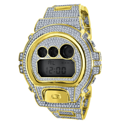 Men's Authentic Genuine Custom Casio G-Shock DW6900 Digital Watch Water Resistant Fully Iced Out 10 Cwt. Simulated Diamond 18k Gold Finish