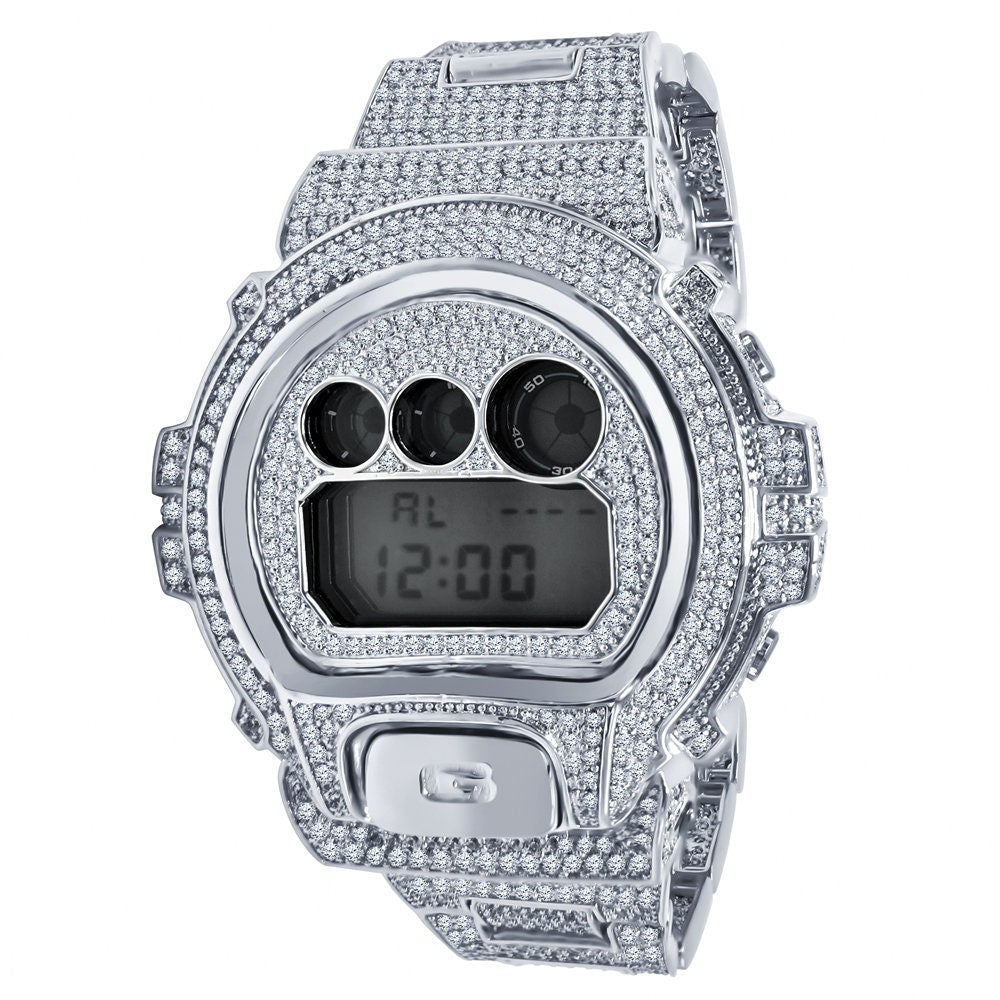 Men's Authentic Genuine Custom Casio G-Shock DW6900 Digital Watch Water Resistant Fully Iced Out 10 Cwt. Simulated Diamond 18k Gold Finish
