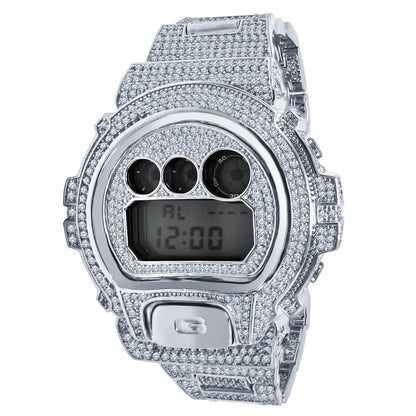 Men's Authentic Genuine Custom Casio G-Shock DW6900 Digital Watch Water Resistant Fully Iced Out 10 Cwt. Simulated Diamond 18k Gold Finish