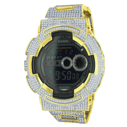 Men's 18K Gold Finish 9 Ct Simulated Diamond Solid Steel Back Authentic Casio G Shock GD100-1B Iced Out Water Resistant Digital Custom Watch