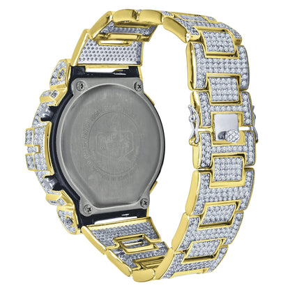 Men's 18K Gold Finish 9 Ct Simulated Diamond Solid Steel Back Authentic Casio G Shock GD100-1B Iced Out Water Resistant Digital Custom Watch