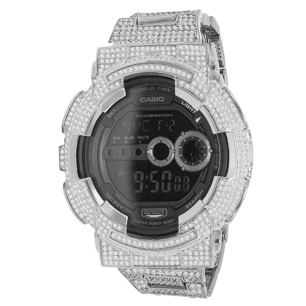 Men's 18K Gold Finish 9 Ct Simulated Diamond Solid Steel Back Authentic Casio G Shock GD100-1B Iced Out Water Resistant Digital Custom Watch