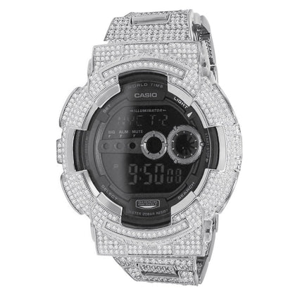 Men's 18K Gold Finish 9 Ct Simulated Diamond Solid Steel Back Authentic Casio G Shock GD100-1B Iced Out Water Resistant Digital Custom Watch