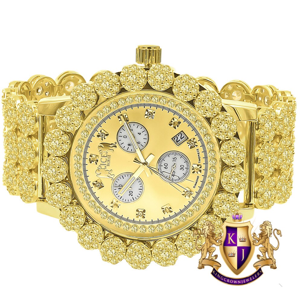 Canary Yellow Men's 18K Gold Finish Simulated Diamond 5 ATM Water Resistant Custom Flower Bezel Watch Iced Analog Big 52mm Date Function