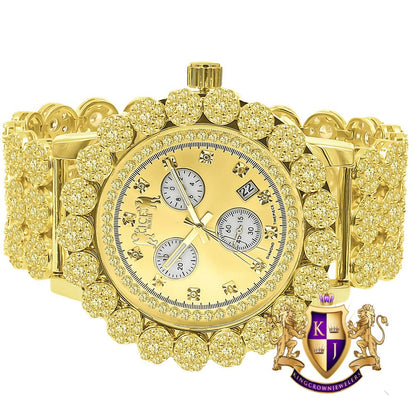Canary Yellow Men's 18K Gold Finish Simulated Diamond 5 ATM Water Resistant Custom Flower Bezel Watch Iced Analog Big 52mm Date Function