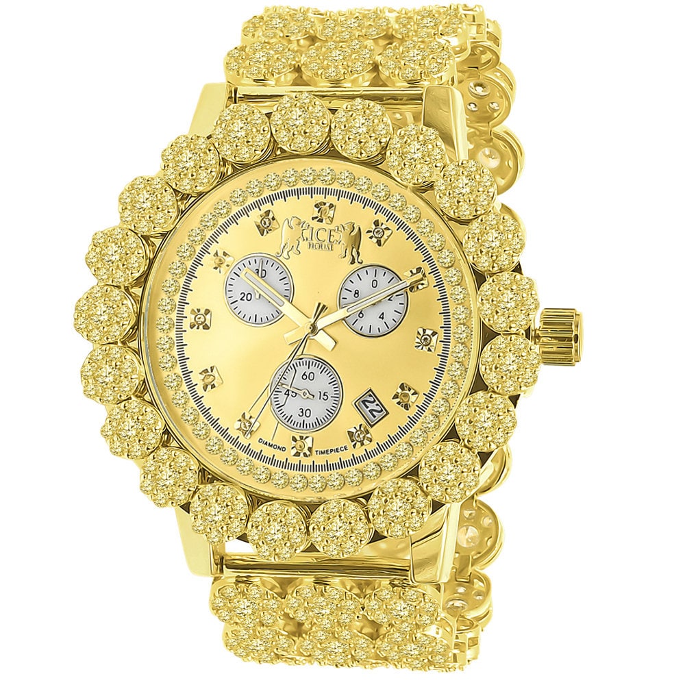 Canary Yellow Men's 18K Gold Finish Simulated Diamond 5 ATM Water Resistant Custom Flower Bezel Watch Iced Analog Big 52mm Date Function