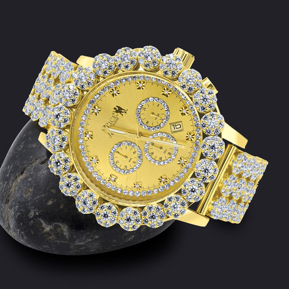 Men's 18K Yellow Gold Finish Simulated Diamond 5 ATM Water Resistant Solid Steel Back Flower Custom Band Bezel Watch XL 55mm W/Date Function