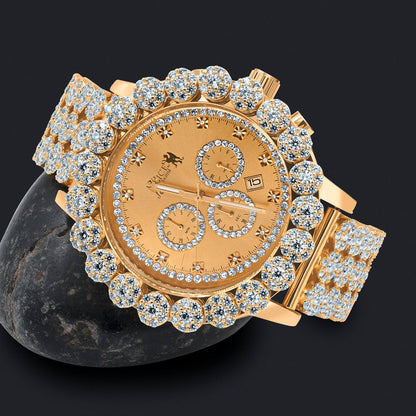 Men's 18K Rose Gold Finish Simulated Diamond 5 ATM Water Resistant Solid Steel Back Flower Custom Band Bezel Watch XL 55mm W/Date Function