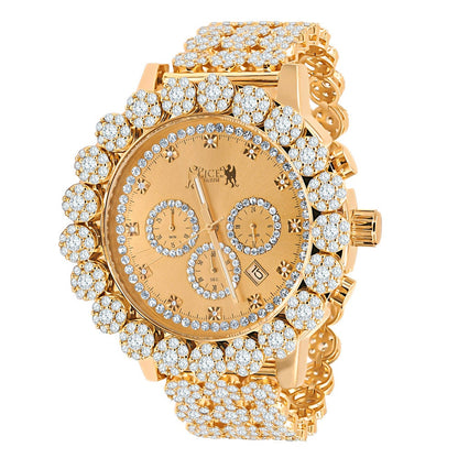 Men's 18K Rose Gold Finish Simulated Diamond 5 ATM Water Resistant Solid Steel Back Flower Custom Band Bezel Watch XL 55mm W/Date Function