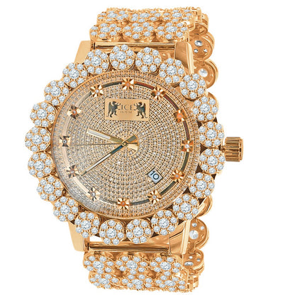 18k Rose Gold Finish Simulated Diamond 5 ATM Water Resistant Solid Steel Back Flower Bezel Band Custom Men's Watch Analog Big 55mm W/Date