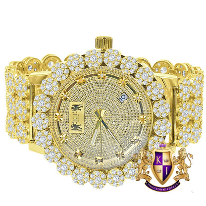 18k Yellow Gold Finish Simulated Diamond 5 ATM Water Resistant Solid Steel Back Flower Bezel Band Custom Men's Watch Analog Big 55mm W/Date