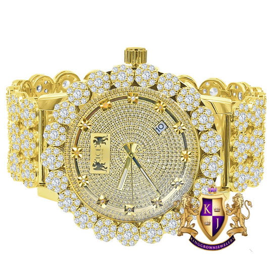 18k Yellow Gold Finish Simulated Diamond 5 ATM Water Resistant Solid Steel Back Flower Bezel Band Custom Men's Watch Analog Big 55mm W/Date