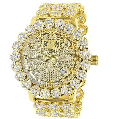 18k Yellow Gold Finish Simulated Diamond 5 ATM Water Resistant Solid Steel Back Flower Bezel Band Custom Men's Watch Analog Big 55mm W/Date